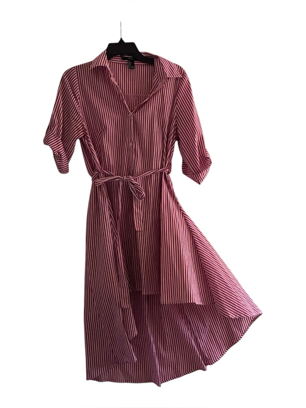 Striped Red and White Shirt Dress with Waist Tie